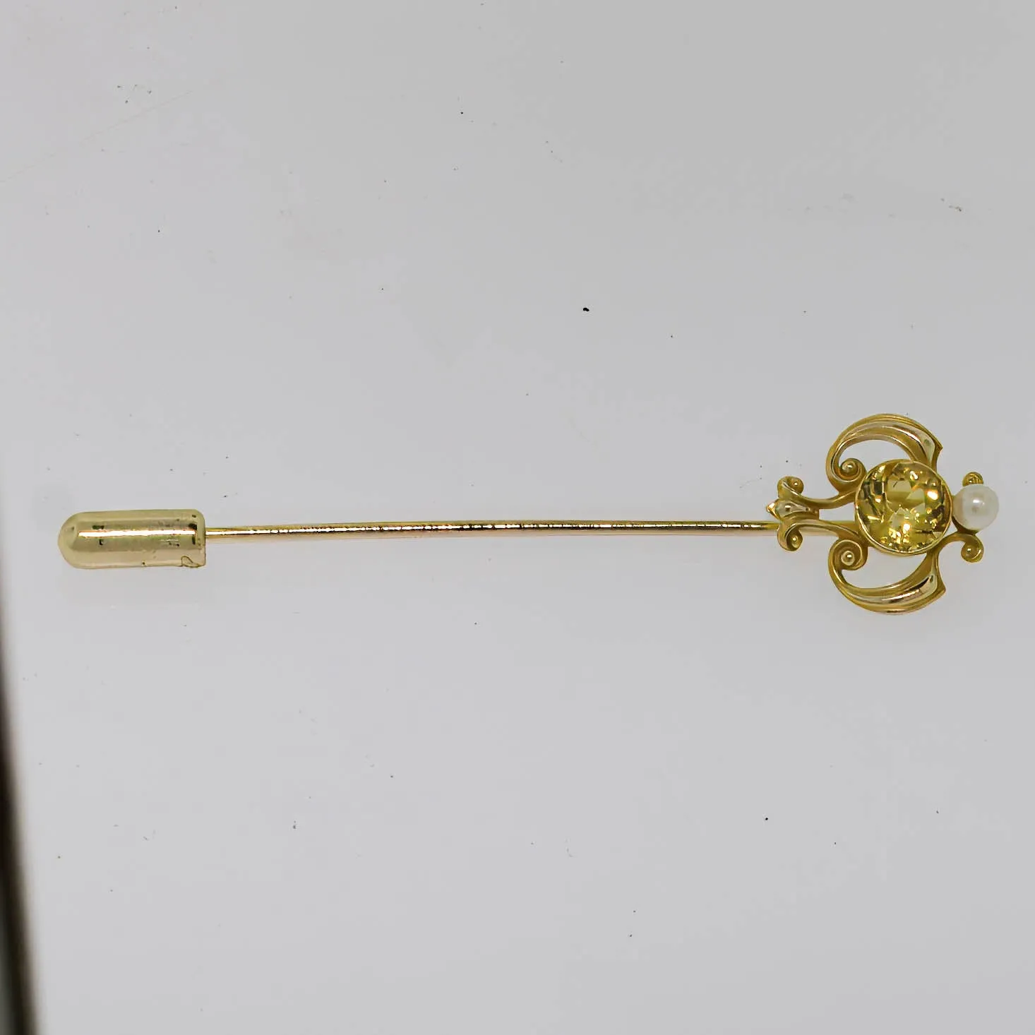 14K Yellow Gold Yellow Citrine (6.25mm) and Pearl Stick Pin Preowned Jewelry
