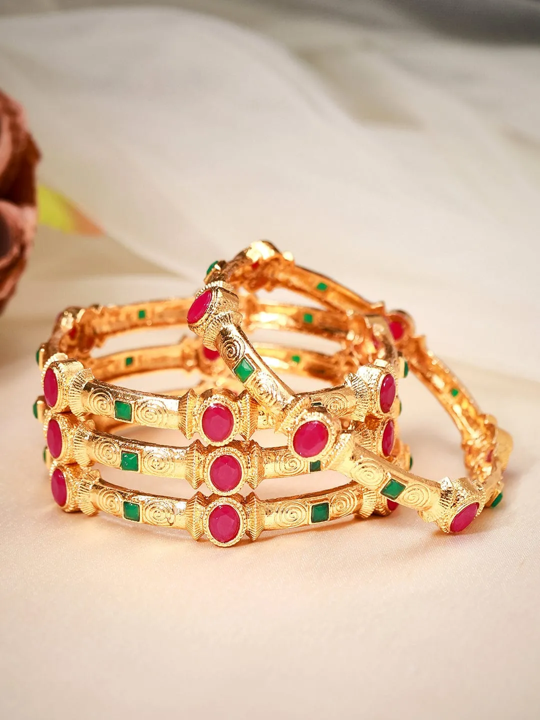 Rubans Set Of 4 24K Gold-Plated Red  Green Ruby-Studded Filgree Handcrafted Bangles